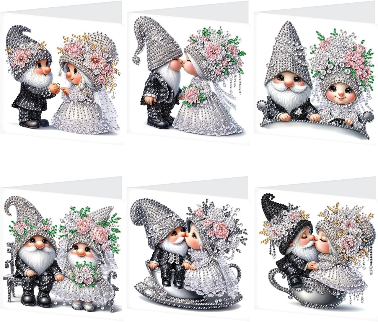 6-Pack Gnome Diamond Painting Greeting Cards – 5D DIY Craft Kit for Handmade Wedding, Anniversary, & Special Occasion Cards with Envelopes